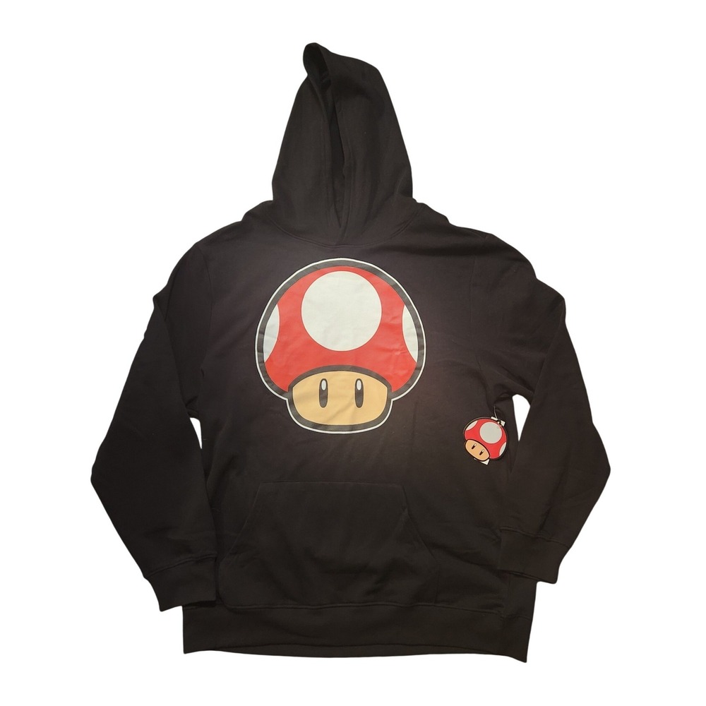 Nintendo Super Mario Red Mushroom Hoodie Mens Large Black Mad Engine New NWT